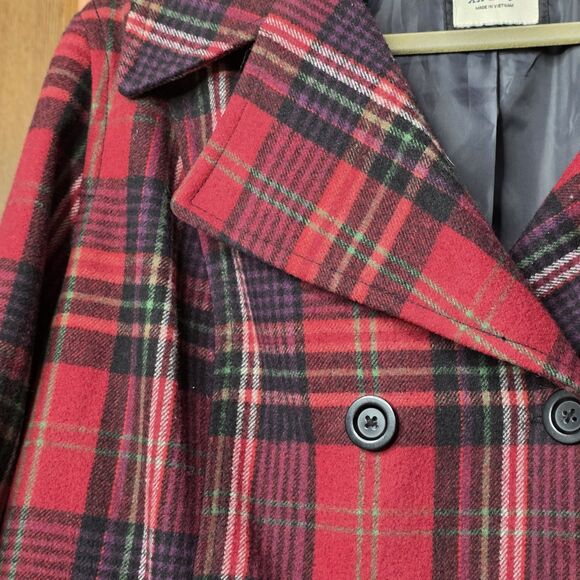 Old Navy Plaid Wool Blend Peacoat Size XXL  Lined Double Breasted Red Blue - Picture 5 of 11